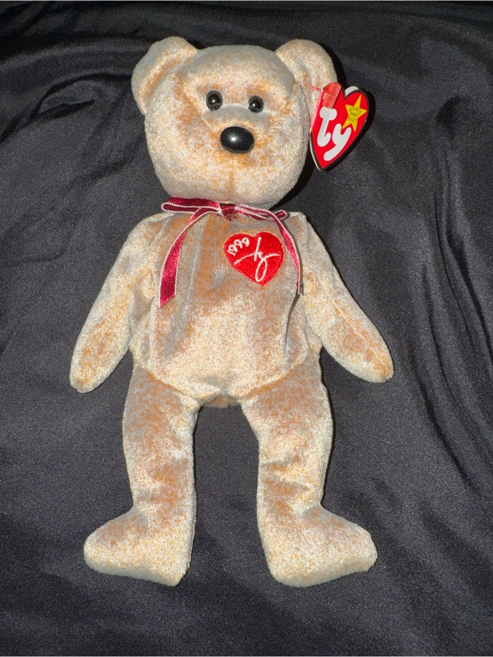 1999 Ty Plush Bear with Red Ribbon and Heart Patch - Brown
